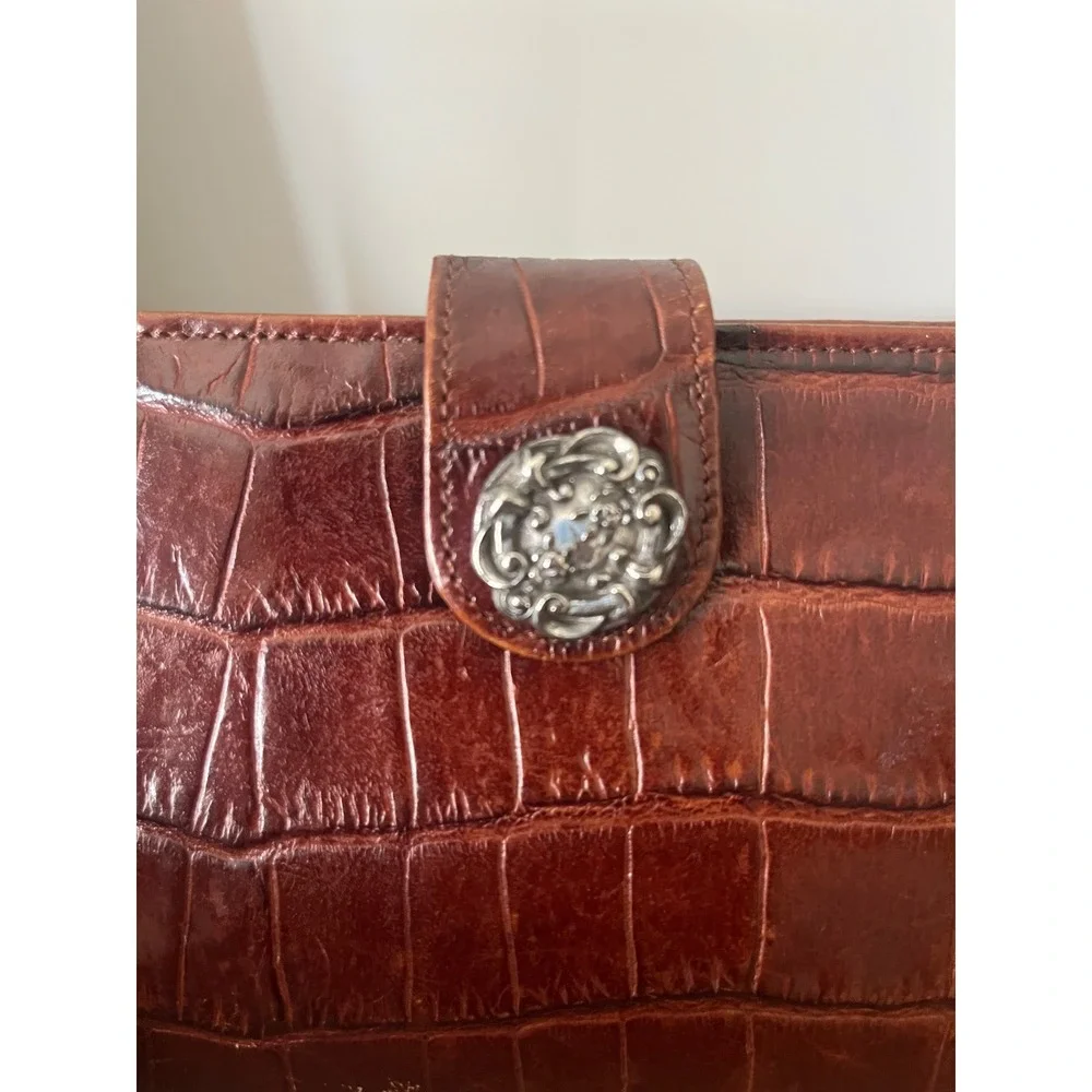 Brighton Cognac Brown Croc Embossed Leather Bifold Wallet Silver Hardware VTG
